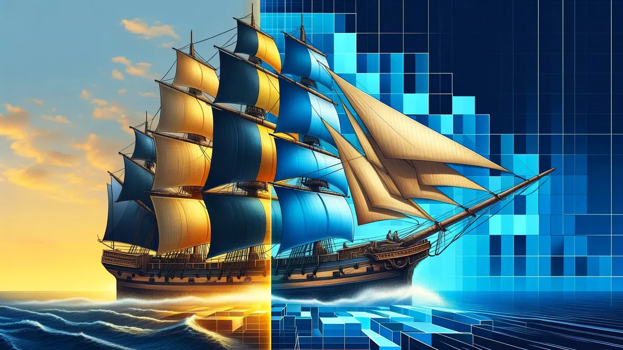 Illustration: a sailing ship moving from the old world with warm light into a cool, geometric data world.