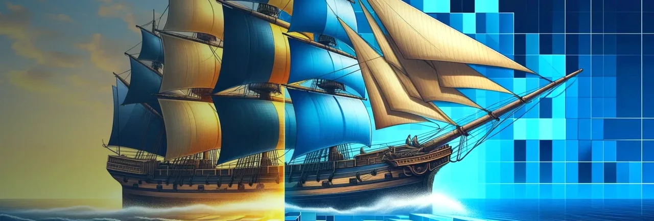 Illustration: ein Segelschiff im Übergang von der alten Welt mit warmem Licht in eine kühle, geometrische Datenwelt.